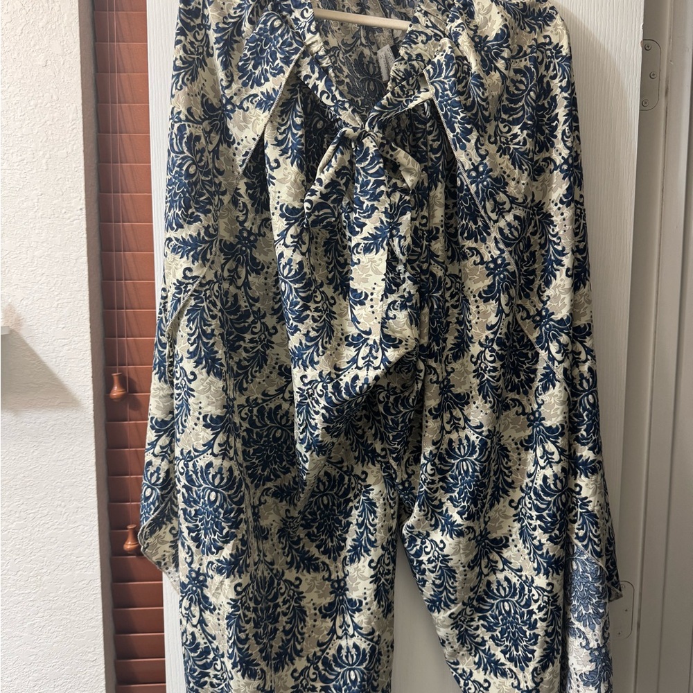SHEIN Blue and Cream Wide Leg Jumpsuit Pants